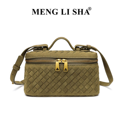 Cross-border Autumn Winter New Vintage Frosted PU Hand-woven Lunch Box Bag Fashionable Shoulder Crossbody Zipper Portable