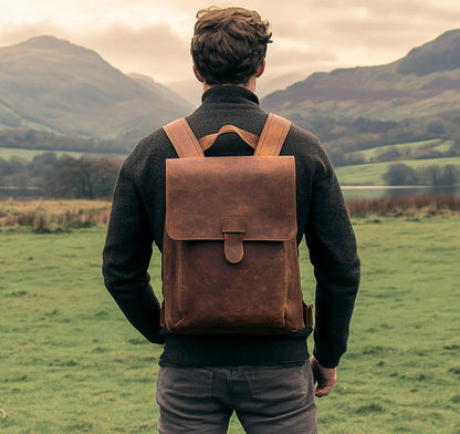 High Quality Office Men's Retro Bag Dark Brown Genuine Leather Backpack