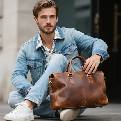 Red Genuine Leather Bag Personalized Durable Leather Handbag Spacious Men Work Bag with Zipper Closure