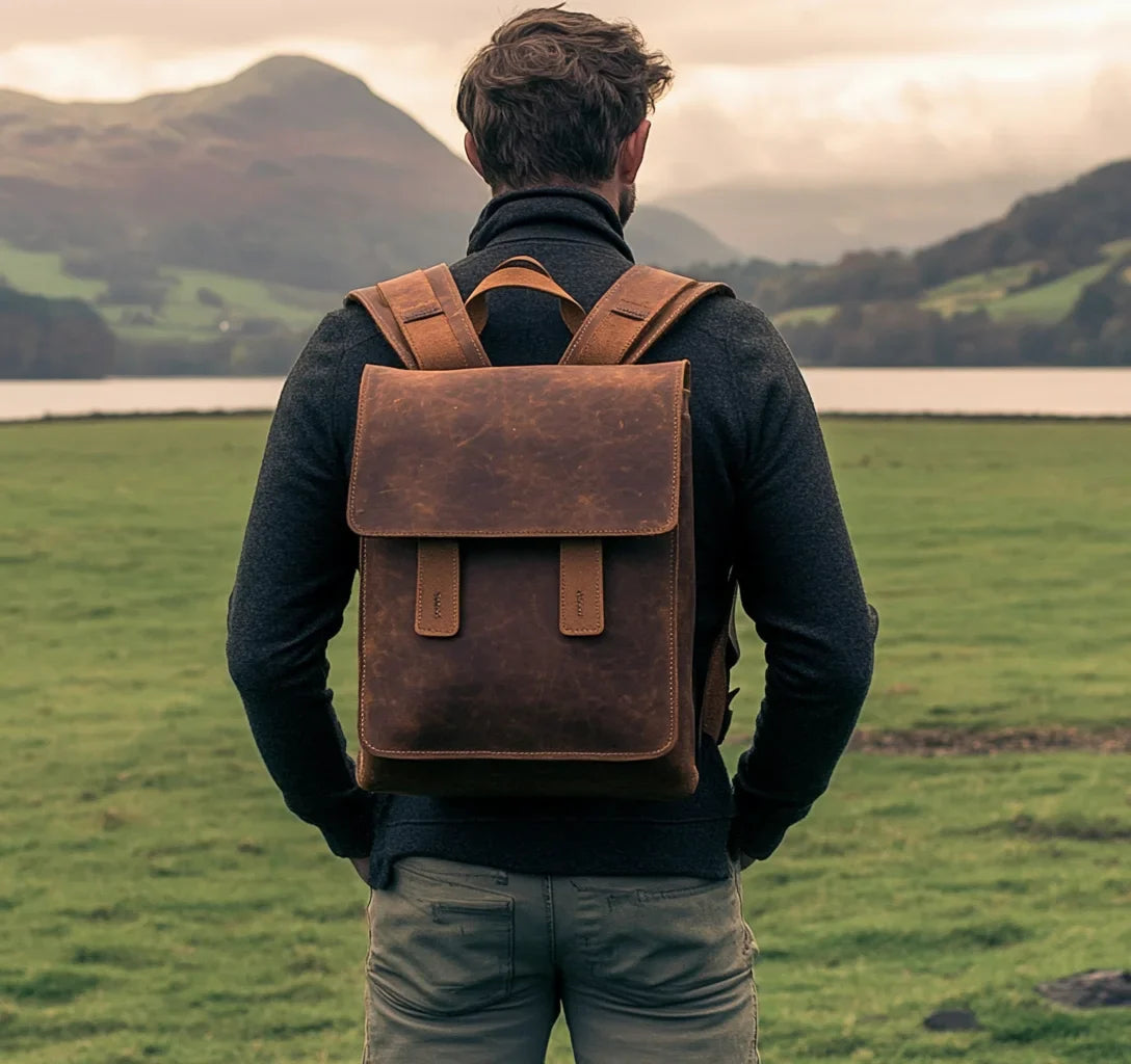 High Quality Office Men's Retro Bag Dark Brown Genuine Leather Backpack