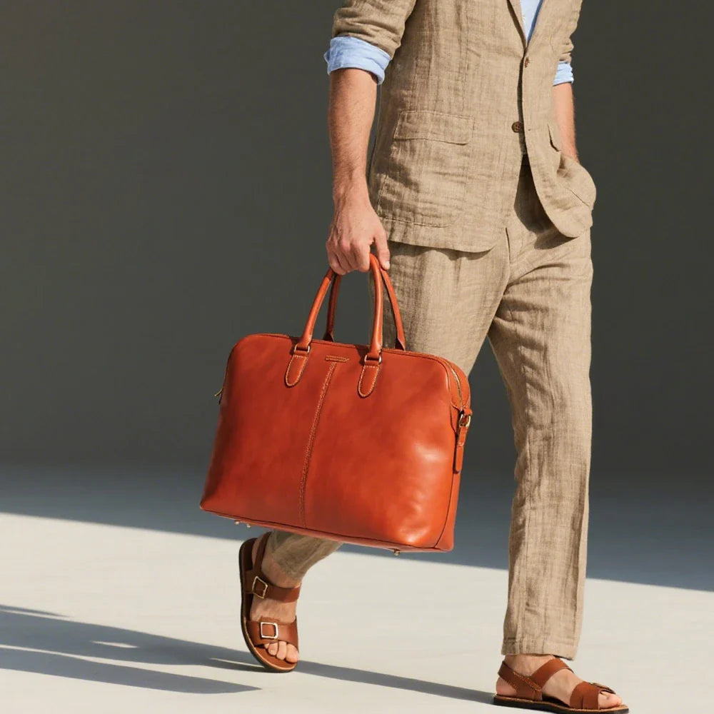 Red Genuine Leather Bag Personalized Durable Leather Handbag Spacious Men Work Bag with Zipper Closure