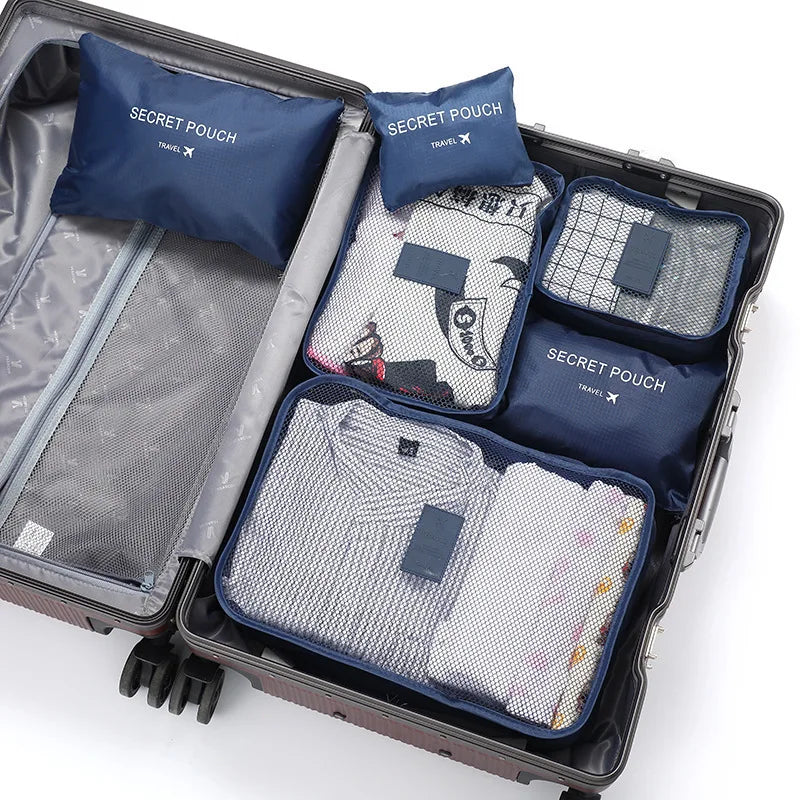 Modern Polyester Travel Storage Bag Set with Zipper Closure Small Six-Piece Luggage for Clothes & Shoes Letter Pattern