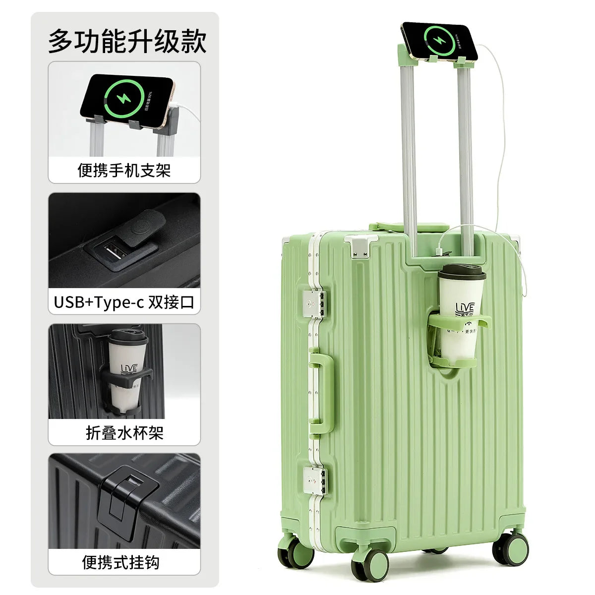 Unisex ABS Spinner Luggage Case 24 Inch Strong Durable 28 Trolley Suitcase 20 Boarding Code with USB Interface Waterproof