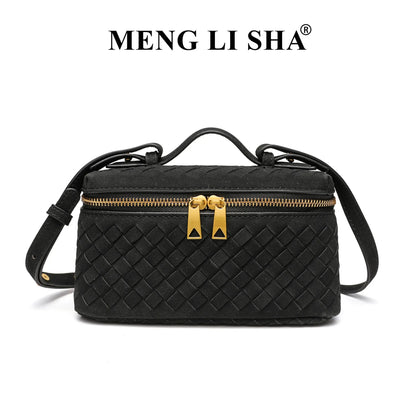 Cross-border Autumn Winter New Vintage Frosted PU Hand-woven Lunch Box Bag Fashionable Shoulder Crossbody Zipper Portable