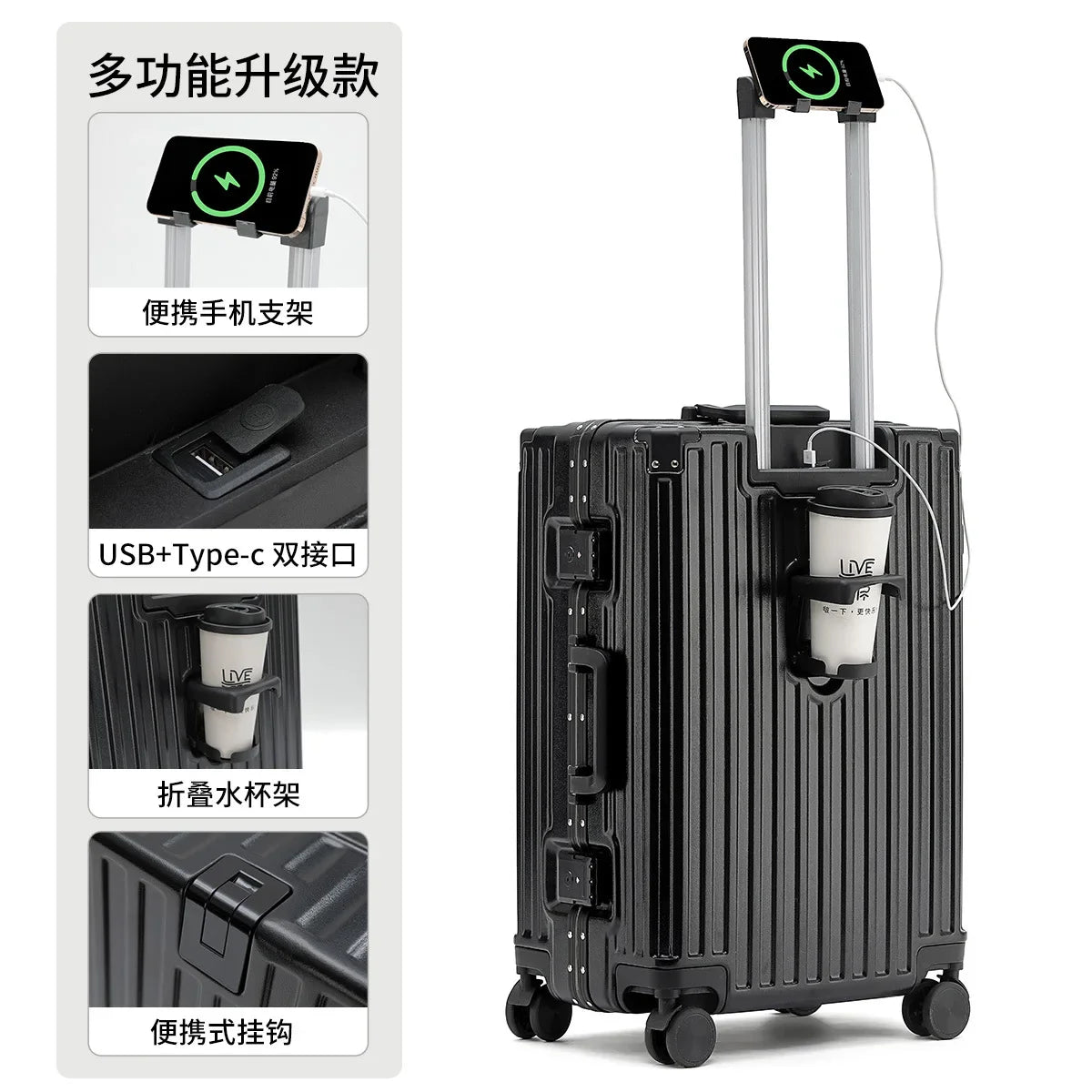 Unisex ABS Spinner Luggage Case 24 Inch Strong Durable 28 Trolley Suitcase 20 Boarding Code with USB Interface Waterproof