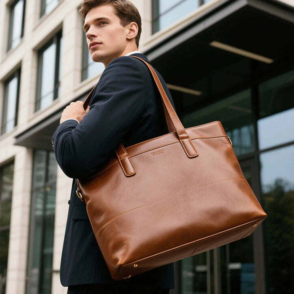 Vintage Deep Red Business Bag Durable Genuine Leather Tote Bag Leather Work Handbag with Reinforced Handle