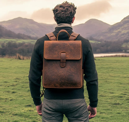 High Quality Office Men's Retro Bag Dark Brown Genuine Leather Backpack