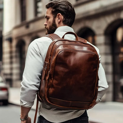 Men's Backpack Dark Brown Real Leather Backpack Vintage Style Leather Bags for Business