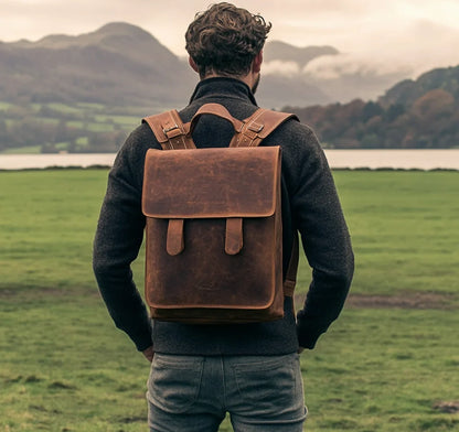 High Quality Office Men's Retro Bag Dark Brown Genuine Leather Backpack