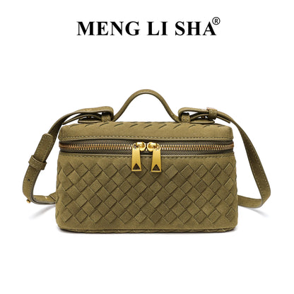 Cross-border Autumn Winter New Vintage Frosted PU Hand-woven Lunch Box Bag Fashionable Shoulder Crossbody Zipper Portable