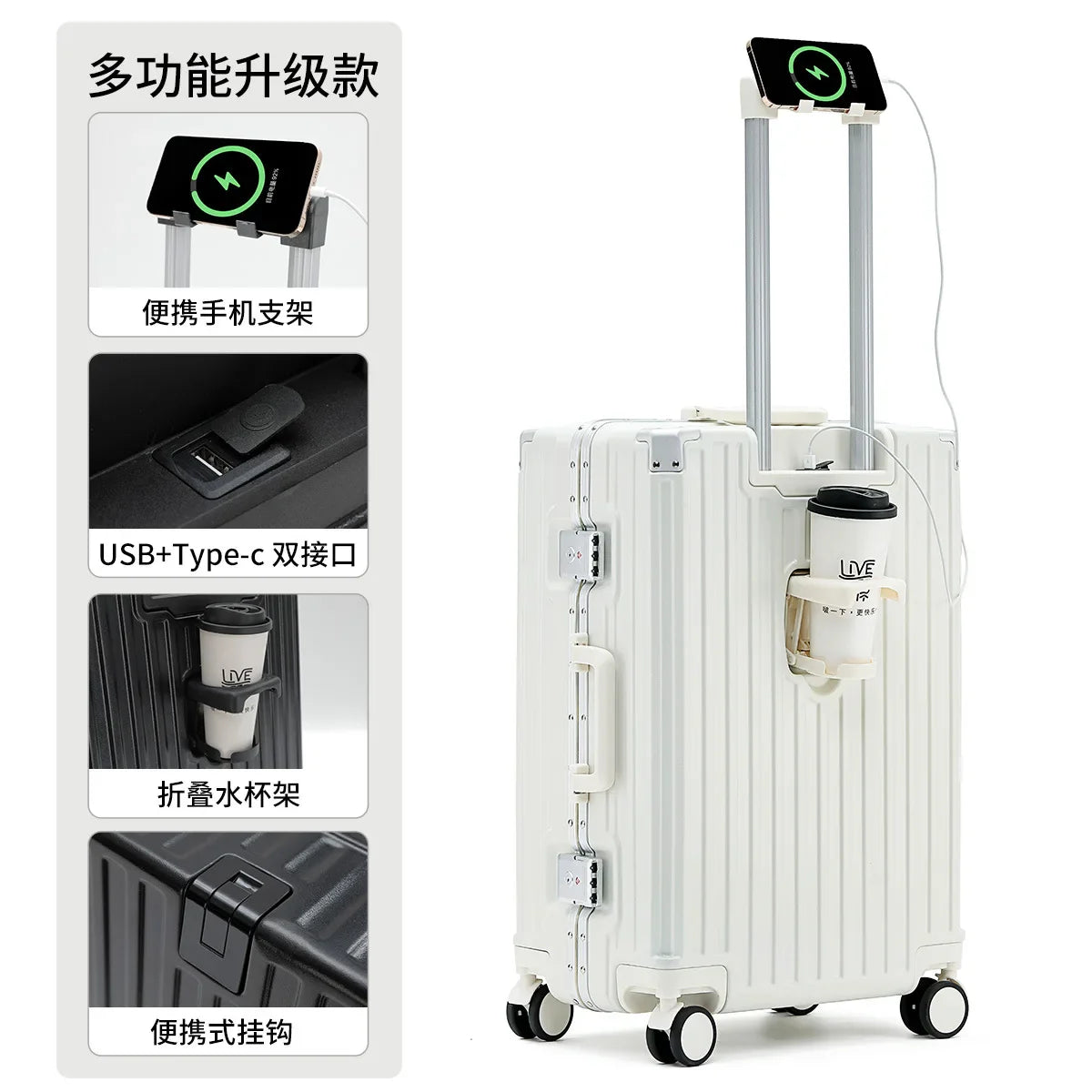 Unisex ABS Spinner Luggage Case 24 Inch Strong Durable 28 Trolley Suitcase 20 Boarding Code with USB Interface Waterproof