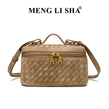Cross-border Autumn Winter New Vintage Frosted PU Hand-woven Lunch Box Bag Fashionable Shoulder Crossbody Zipper Portable