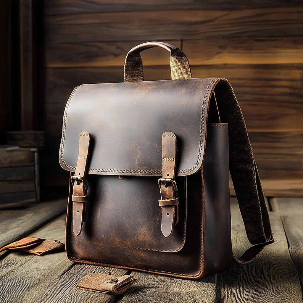 High Quality Office Men's Retro Bag Dark Brown Genuine Leather Backpack