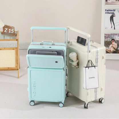 2025 New Large-Capacity Front-Opening Aluminum-Frame Spinner Suitcase ABS+PC Zipper Carry-On Luggage with Lock 20-28 Inch