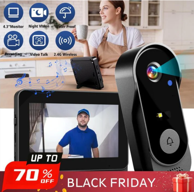 Wireless Doorbell Camera – 1080P, 170° Angle, 4.3-inch Screen, IPX65 Waterproof & Night Vision ✨