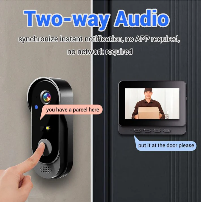 Wireless Doorbell Camera – 1080P, 170° Angle, 4.3-inch Screen, IPX65 Waterproof & Night Vision ✨