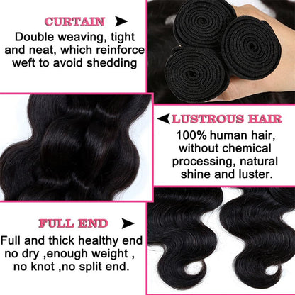 (B1) Body Wave 4 Bundles With 4X4 Transparent Lace Closure